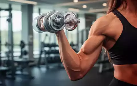 Eine Frau trainiert ihre Oberarme mit einer leichten Kurzhantel in einem modernen Fitnessstudio, Fokus auf Muskeldefinition. - Foto: über boerse-global.de