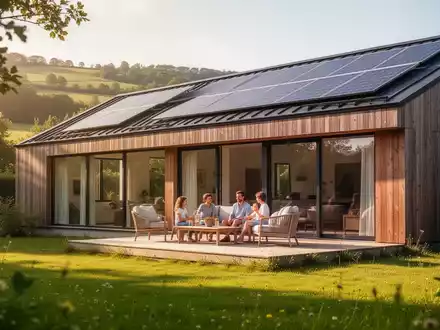 Ein modernes, umweltfreundliches Ferienhaus mit Solarpaneelen und einer Familie auf der Terrasse, umgeben von grüner Natur. - Foto: über boerse-global.de