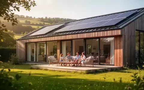 Ein modernes, umweltfreundliches Ferienhaus mit Solarpaneelen und einer Familie auf der Terrasse, umgeben von grüner Natur. - Foto: über boerse-global.de