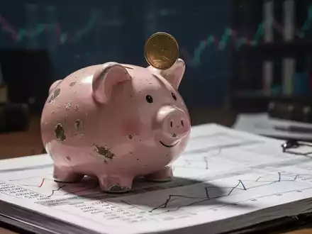Ein leicht abgenutztes Sparschwein balanciert eine Münze auf einem Finanzbuch mit Berechnungen, im Hintergrund ein unscharfes Büro. - Foto: über boerse-global.de