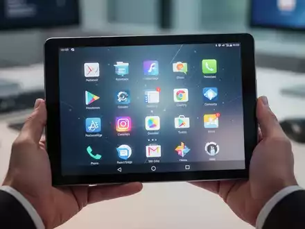Hände halten ein Android-Tablet mit leuchtenden App-Symbolen für Produktivität und Kreativität auf dem Bildschirm in einem modernen Arbeitsbereich. - Foto: über boerse-global.de