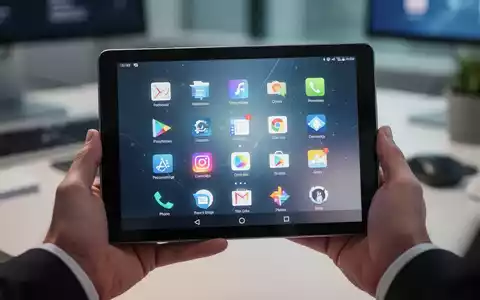 Hände halten ein Android-Tablet mit leuchtenden App-Symbolen für Produktivität und Kreativität auf dem Bildschirm in einem modernen Arbeitsbereich. - Foto: über boerse-global.de