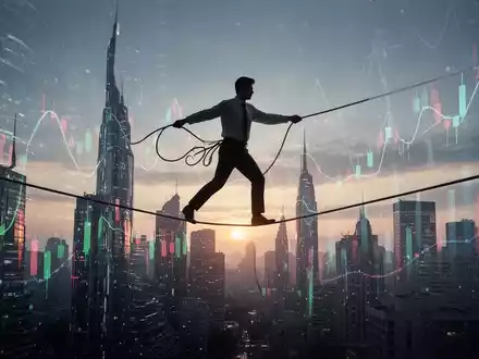 Eine stilisierte Darstellung eines wackeligen Seiltänzers vor einer futuristischen Stadtlandschaft, die finanzielle Instabilität symbolisiert. - Foto: über boerse-global.de