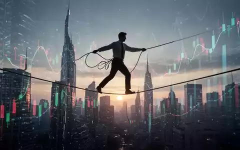 Eine stilisierte Darstellung eines wackeligen Seiltänzers vor einer futuristischen Stadtlandschaft, die finanzielle Instabilität symbolisiert. - Foto: über boerse-global.de