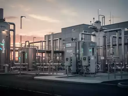 Moderne Wasserstoff-Infrastruktur bei Sonnenuntergang vor einem industriellen Hintergrund. - Foto: über boerse-global.de