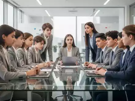 Junge Studierende und Personalverantwortliche bei einer Besprechung in einem modernen, hellen Büro. - Foto: über boerse-global.de
