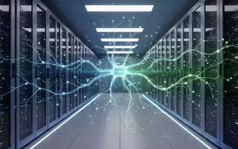 Stilisierte, leuchtende neuronale Netzstruktur in futuristischem europäischen Rechenzentrum mit Serverracks, Symbol für KI-Innovation. - Foto: über boerse-global.de