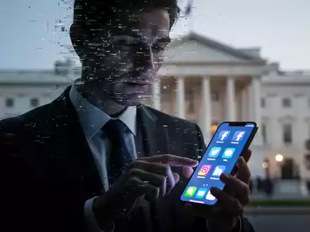 Eine Figur mit verzerrtem, KI-generiertem Gesicht im Anzug nutzt ein Smartphone mit Social-Media-Symbolen. Ein Regierungsgebäude ist unscharf im Hintergrund. - Foto: über boerse-global.de