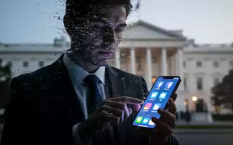 Eine Figur mit verzerrtem, KI-generiertem Gesicht im Anzug nutzt ein Smartphone mit Social-Media-Symbolen. Ein Regierungsgebäude ist unscharf im Hintergrund. - Foto: über boerse-global.de