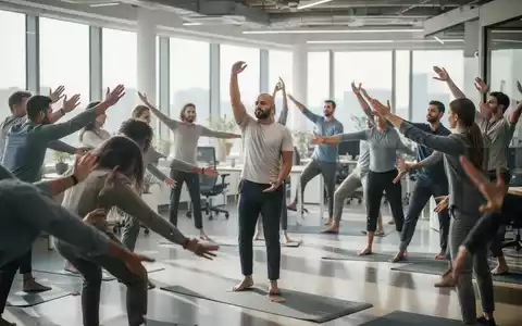 Eine Gruppe von Büroangestellten nimmt an einer Wellness-Aktivität teil, die Zusammenarbeit und Unterstützung im Arbeitsumfeld symbolisiert. - Foto: über boerse-global.de