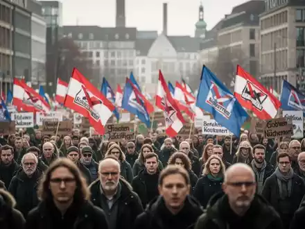 Demonstranten bei einer gewerkschaftlichen Kundgebung in einer deutschen Großstadt mit Fahnen und Menschenmenge. - Foto: über boerse-global.de