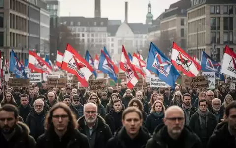 Demonstranten bei einer gewerkschaftlichen Kundgebung in einer deutschen Großstadt mit Fahnen und Menschenmenge. - Foto: über boerse-global.de