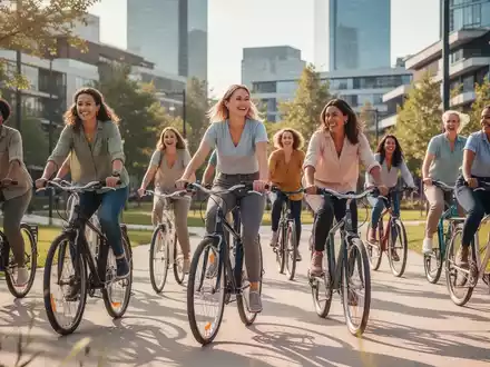 Eine diverse Gruppe von Frauen lernt in einem modernen Stadtpark gemeinsam Fahrradfahren. - Foto: über boerse-global.de