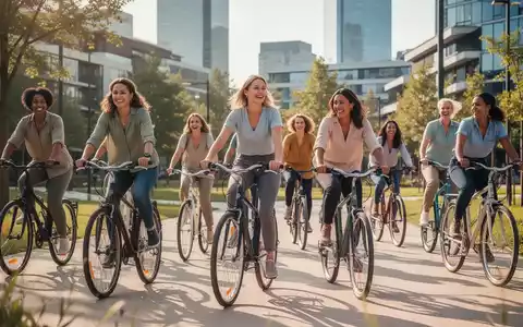 Eine diverse Gruppe von Frauen lernt in einem modernen Stadtpark gemeinsam Fahrradfahren. - Foto: über boerse-global.de