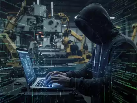 Person in Kapuzenjacke tippt auf Laptop, umgeben von digitalem Code, im Hintergrund Industriemaschinen. - Foto: über boerse-global.de