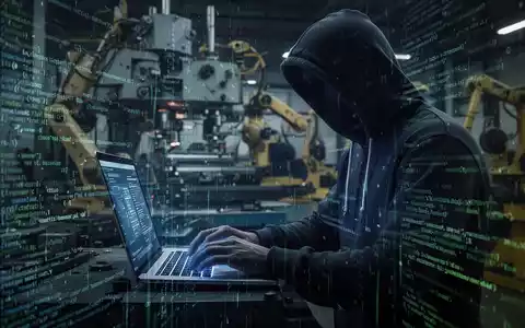 Person in Kapuzenjacke tippt auf Laptop, umgeben von digitalem Code, im Hintergrund Industriemaschinen. - Foto: über boerse-global.de