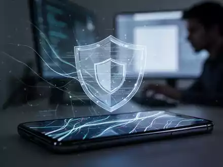 Smartphone-Bildschirm mit leuchtenden Linien und verstecktem Text, überlagert mit einem digitalen Sicherheitsschild. Im Hintergrund eine unscharfe Person am Computer. - Foto: über boerse-global.de