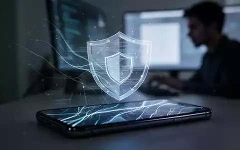 Smartphone-Bildschirm mit leuchtenden Linien und verstecktem Text, überlagert mit einem digitalen Sicherheitsschild. Im Hintergrund eine unscharfe Person am Computer. - Foto: über boerse-global.de
