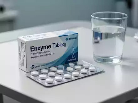 Blisterpackung mit Enzymtabletten neben einem Glas Wasser auf einem medizinischen Behandlungstisch. - Foto: über boerse-global.de