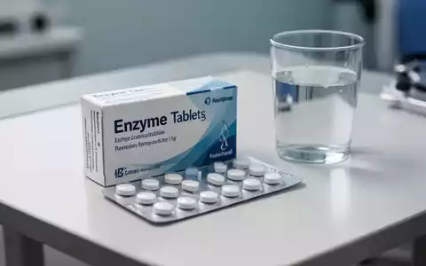 Blisterpackung mit Enzymtabletten neben einem Glas Wasser auf einem medizinischen Behandlungstisch. - Foto: über boerse-global.de