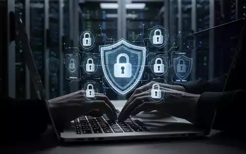 Hände tippen auf einer Laptoptastatur, mit digitalen Sicherheitssymbolen auf dem Bildschirm, vor einem unscharfen Serverraum. - Foto: über boerse-global.de
