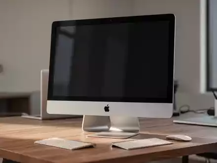 Schlanker Apple iMac auf minimalistischem Holzschreibtisch in hellem Arbeitsbereich. - Foto: über boerse-global.de