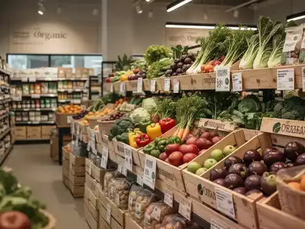 Frisches Bio-Obst und -Gemüse in einer modernen, ordentlichen Auslage eines Lebensmittelmarktes. - Foto: über boerse-global.de