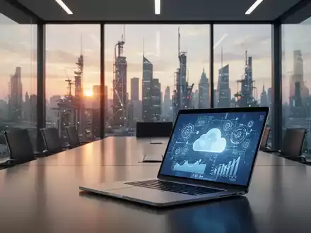 Moderner Büroarbeitsplatz mit Laptop, der eine digitale Marktplatzoberfläche zeigt, mit Blick auf die Stadtsilhouette. - Foto: über boerse-global.de