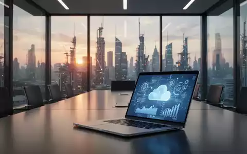 Moderner Büroarbeitsplatz mit Laptop, der eine digitale Marktplatzoberfläche zeigt, mit Blick auf die Stadtsilhouette. - Foto: über boerse-global.de