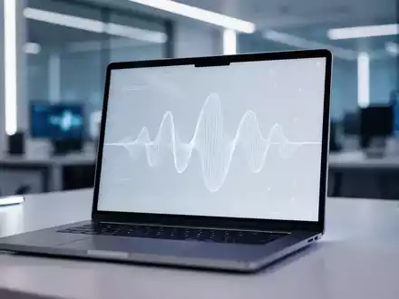 Moderner Laptop-Bildschirm mit abstrakten digitalen Audiowellen in einem professionellen Büro. - Foto: über boerse-global.de