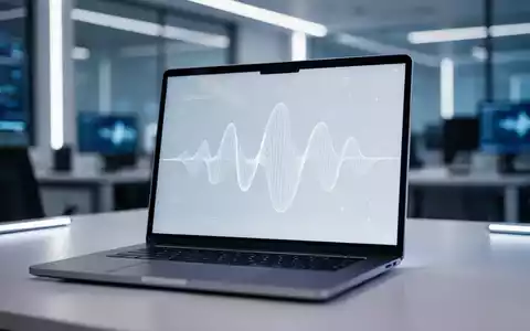Moderner Laptop-Bildschirm mit abstrakten digitalen Audiowellen in einem professionellen Büro. - Foto: über boerse-global.de
