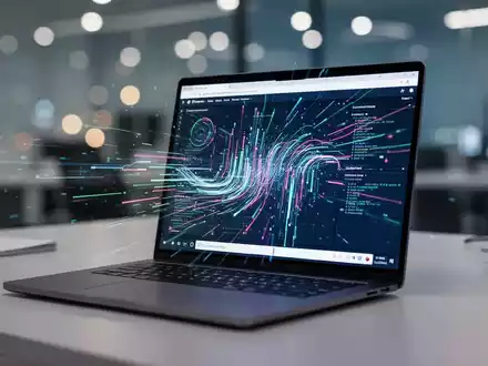 Moderner Büroarbeitsplatz mit Laptop, der digitale Datenströme anzeigt, die Browser-Software-Updates darstellen. - Foto: über boerse-global.de