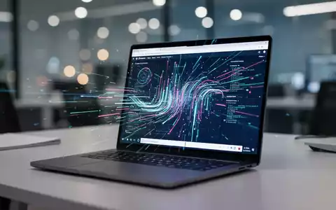Moderner Büroarbeitsplatz mit Laptop, der digitale Datenströme anzeigt, die Browser-Software-Updates darstellen. - Foto: über boerse-global.de