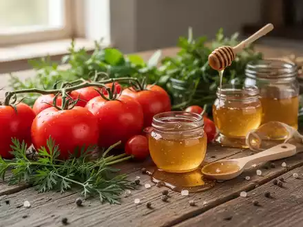 Frische Tomaten, Kräuter und Honig auf einem rustikalen Holztisch als Symbol für eine natürliche, unverarbeitete Ernährung. - Foto: über boerse-global.de