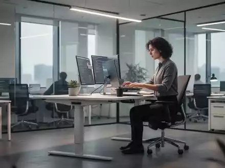 Moderner, ergonomischer Arbeitsplatz mit höhenverstellbarem Schreibtisch in einem hellen Büro. - Foto: über boerse-global.de