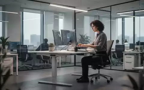 Moderner, ergonomischer Arbeitsplatz mit höhenverstellbarem Schreibtisch in einem hellen Büro. - Foto: über boerse-global.de