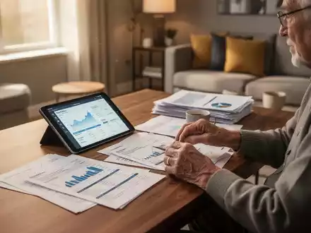 Eine ältere Person sitzt an einem Schreibtisch mit Unterlagen und einem Tablet, umgeben von Dokumenten zur Pflegefinanzierung. - Foto: über boerse-global.de
