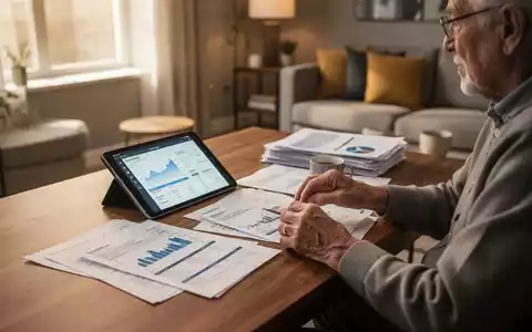 Eine ältere Person sitzt an einem Schreibtisch mit Unterlagen und einem Tablet, umgeben von Dokumenten zur Pflegefinanzierung. - Foto: über boerse-global.de