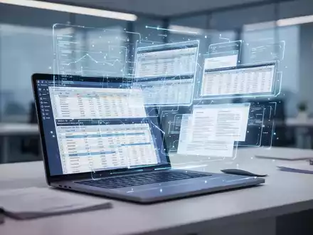 Moderner Arbeitsplatz mit Laptop und digitalen Datenvisualisierungen zur KI-gesteuerten Büroautomatisierung. - Foto: über boerse-global.de