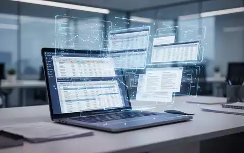 Moderner Arbeitsplatz mit Laptop und digitalen Datenvisualisierungen zur KI-gesteuerten Büroautomatisierung. - Foto: über boerse-global.de