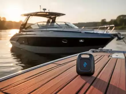 Ein modernes Motorboot liegt an einem Flussufer, während ein Bluetooth-Tracker auf dem Deck im Fokus steht. - Foto: über boerse-global.de