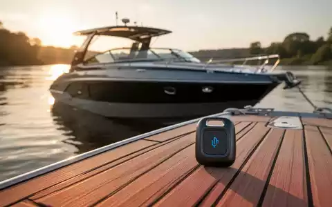Ein modernes Motorboot liegt an einem Flussufer, während ein Bluetooth-Tracker auf dem Deck im Fokus steht. - Foto: über boerse-global.de