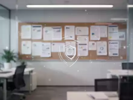 Ein moderner, verschwommener Büro-Hintergrund mit einer Infotafel, die das Thema Datenschutz und Diskretion symbolisiert. - Foto: über boerse-global.de