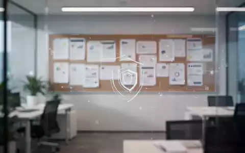 Ein moderner, verschwommener Büro-Hintergrund mit einer Infotafel, die das Thema Datenschutz und Diskretion symbolisiert. - Foto: über boerse-global.de