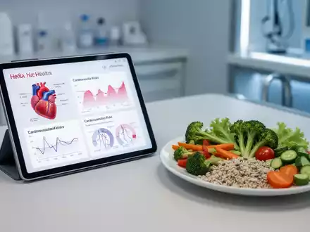Ein digitaler Tablet-Bildschirm mit Herz-Kreislauf-Daten neben einer gesunden Mahlzeit mit frischem Gemüse. - Foto: über boerse-global.de