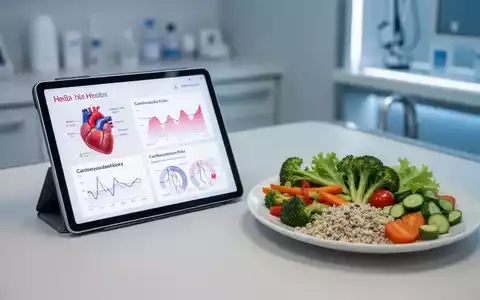Ein digitaler Tablet-Bildschirm mit Herz-Kreislauf-Daten neben einer gesunden Mahlzeit mit frischem Gemüse. - Foto: über boerse-global.de