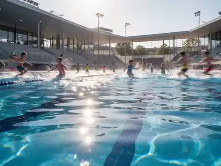 Kinder und Jugendliche in einem modernen Freibad bei einem sommerlichen Schwimmkurs. - Foto: über boerse-global.de