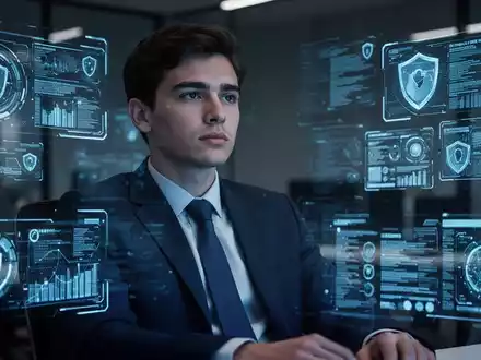 Junger Erwachsener umgeben von leuchtenden digitalen Sicherheitsdatenströmen, die die Schnittstelle von Jugend und Cyberrisiko darstellen. - Foto: über boerse-global.de