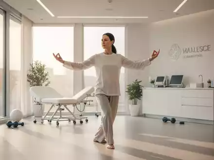 Eine Person praktiziert Qigong in einem hellen, modernen medizinischen Präventionszentrum. - Foto: über boerse-global.de