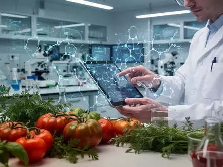 Wissenschaftler in einem modernen Labor analysiert Lebensmittel mit digitaler KI-Datenvisualisierung. - Foto: über boerse-global.de